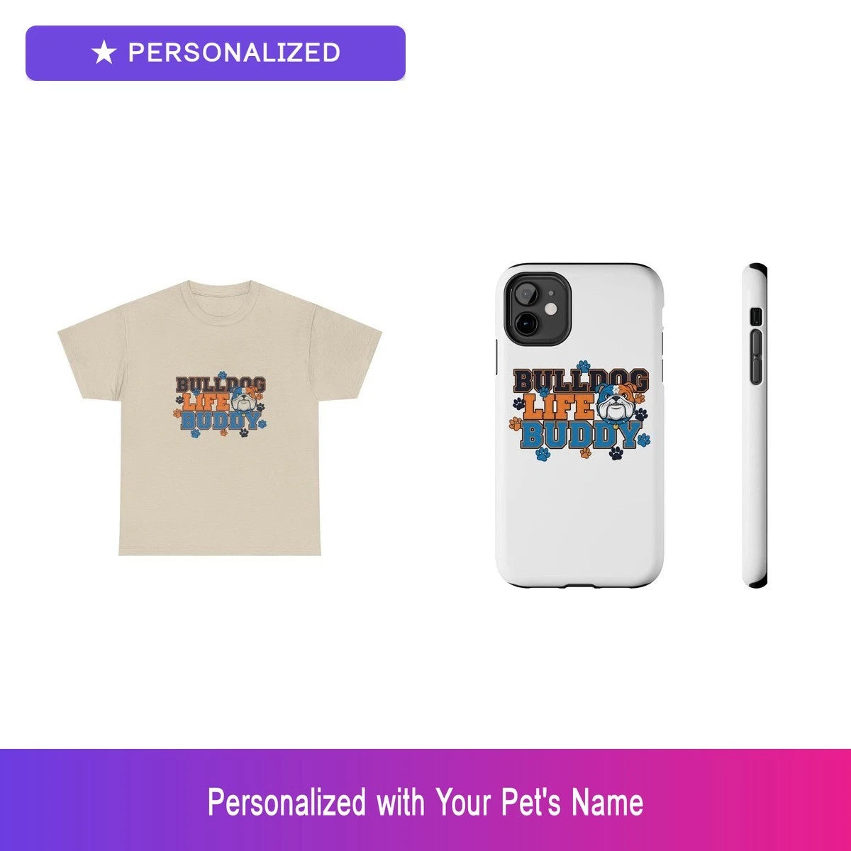Custom Bulldog Paw Print Gift Set Shirt Phone Case Personalized Pet Name Bundle