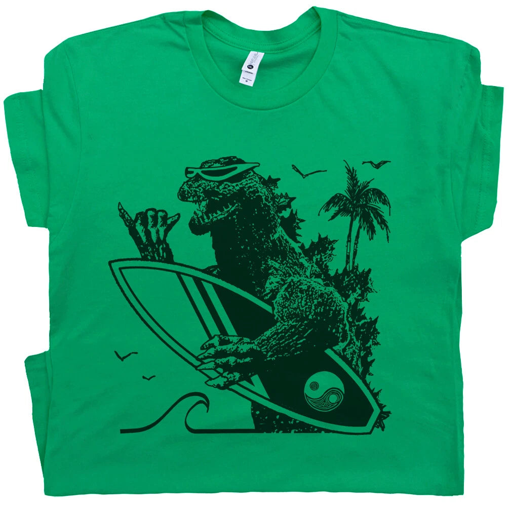 Vintage Surfing T Shirt Cool Surf Men Women Retro Surfer Godzilla Surfboard GR