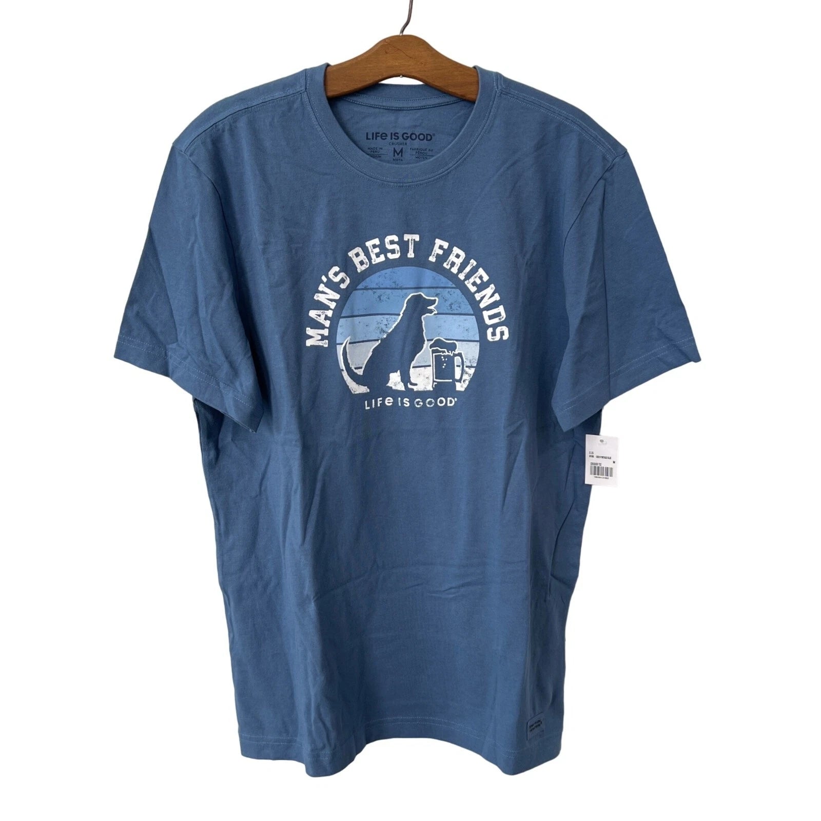 Life Is Good Mans Best Friends Crusher Tee Mens Medium Vintage Blue Cotton NEW
