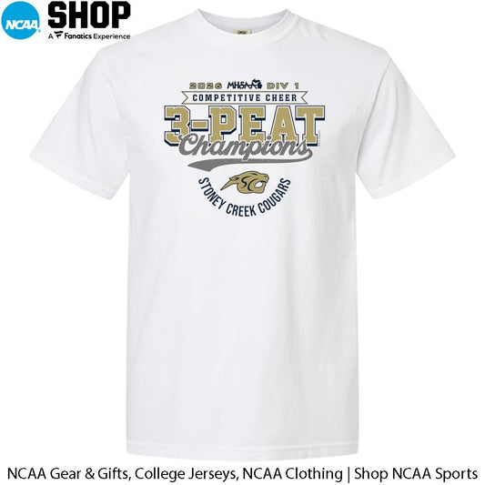 Stoney Creek Cougars 2026 MHSAA DIV 1 Competitive Cheer 3-Peat Champions T-Shirt